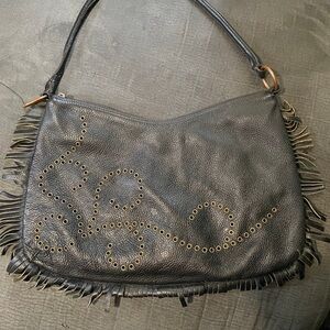 Black Shoulder Bag with Fringe and Metal Studs